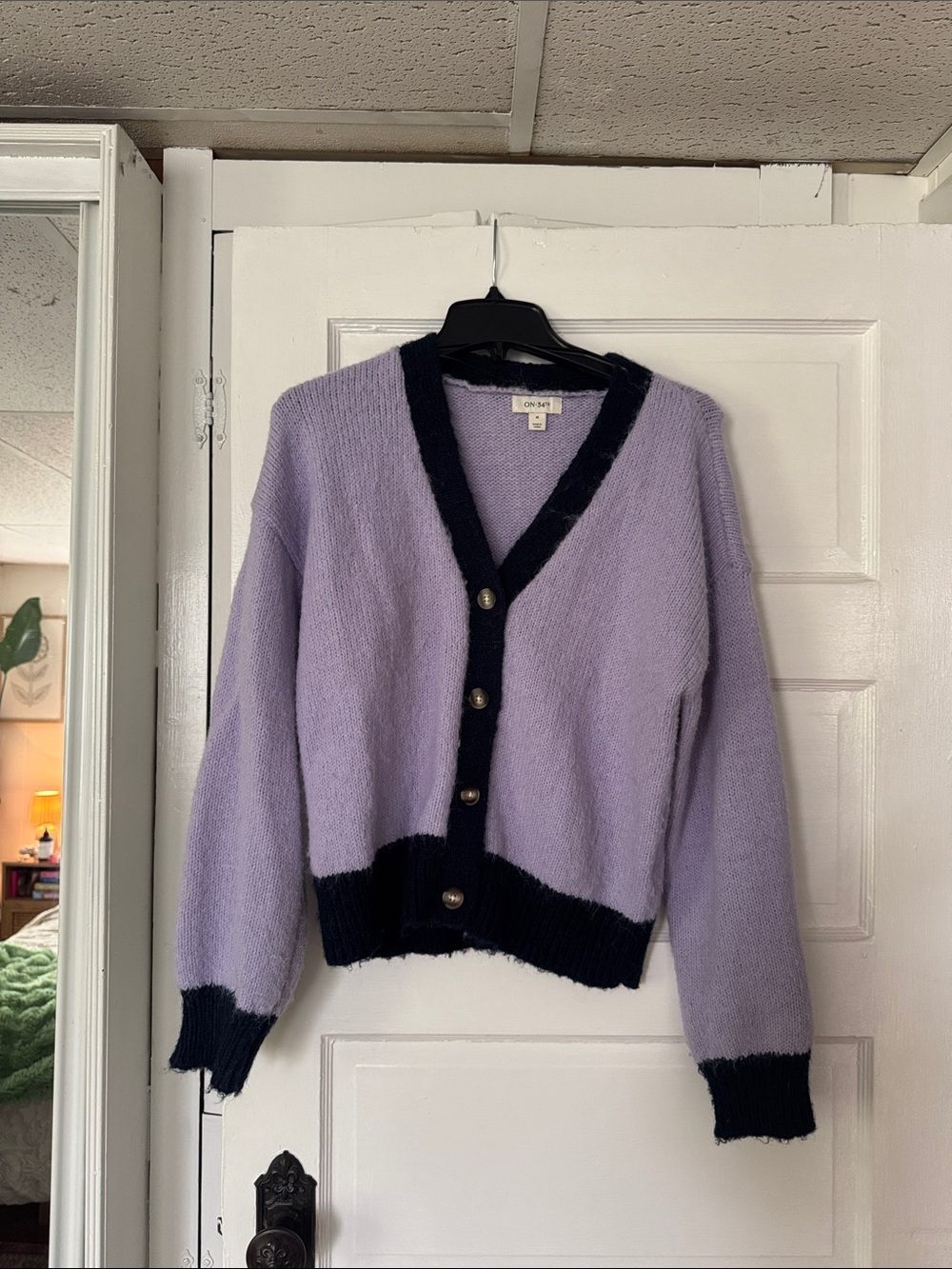 Lavender and Navy V-Neck Button Cardigan